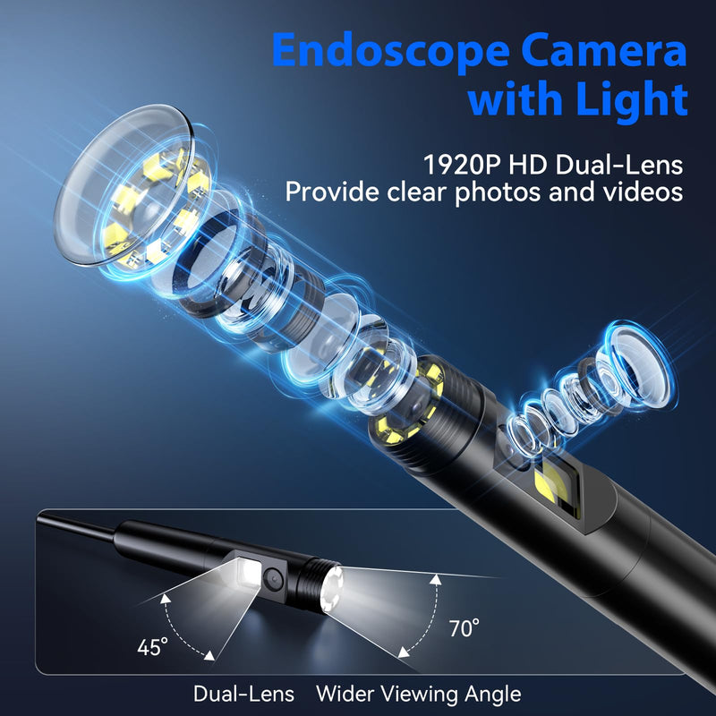 Endoscope Camera with Light, Dual-Lens 1920P HD Borescope Tools with 8+1 Adjustable LED Lights, 32.8FT Semi-Rigid Snake Cord IP67 Waterproof Inspection Camera for iPhone, iPad, iOS and Android Phone Dual Lens