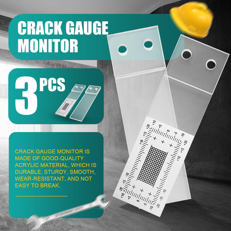 3 x Manual Wall Tear Measuring Device, Crack Meter Monitor, Crack Monitoring Recording Tear Measuring Tool, Transparent Acrylic Corner Tear Comparison Caliper for Measuring and Recording