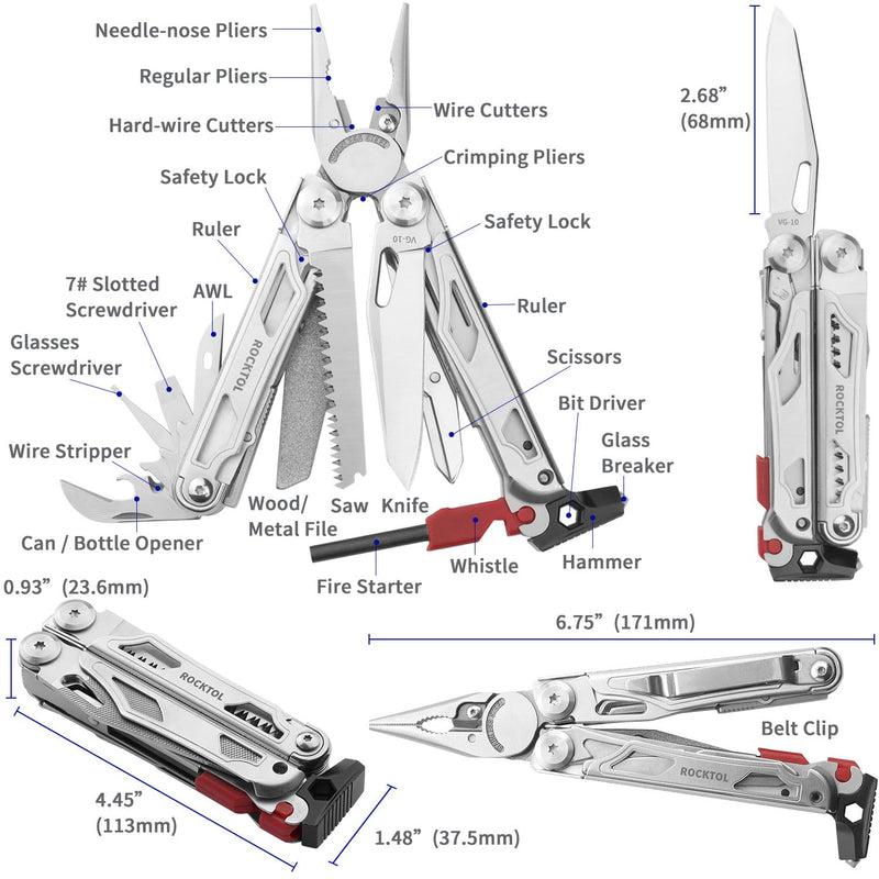 ROCKTOL Multitool SK04, VG-10 Blade, 22-in-1 Multi-tool Pliers with Fire Starter, Emergency Whistle, Glass Breaker, Safety Locking and Nylon Sheath for Survival, Camping, multi tool for men VG-10 Knife Blade
