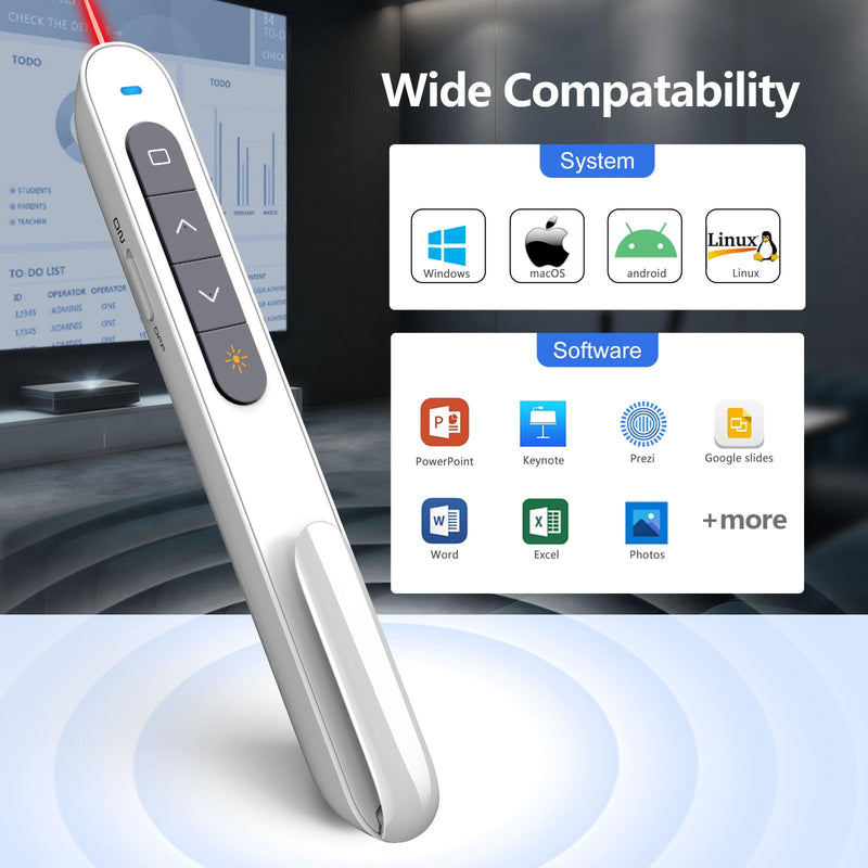 Norwii N27 Wireless Presentation Clicker, Hyperlink Volume Control Powerpoint Clicker, 328FT Red Light Control Range Clicker for Powerpoint Presentations Remote Pointer Slide Advancer White