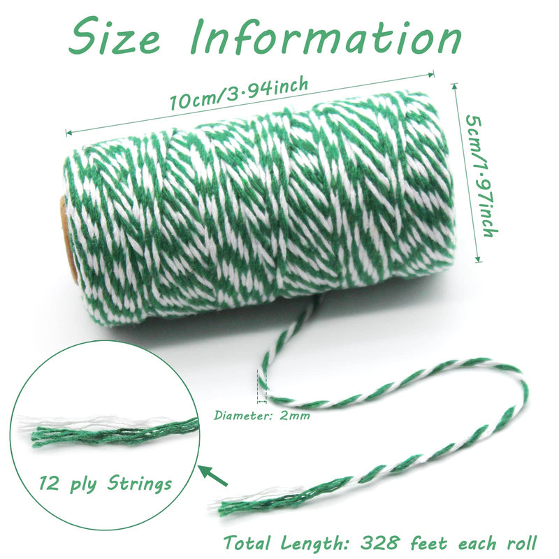 Benvo Pack of 2 Green White Cotton Twine and Red White Packing String Christmas Xmas Twine Rope Ribbon Cord for Baking, Butchers, DIY Crafts Wrapping Ornaments Hanging 656 ft Long Red White and Green White Twine