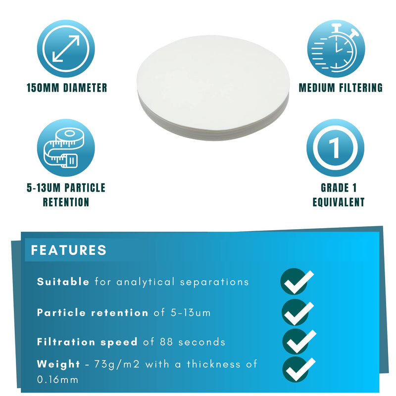 Camlab 1171058 Grade 601 [1] General Purpose Filter Paper, Medium Filter Speed, 150mm Diameter (Pack of 100) 150mm