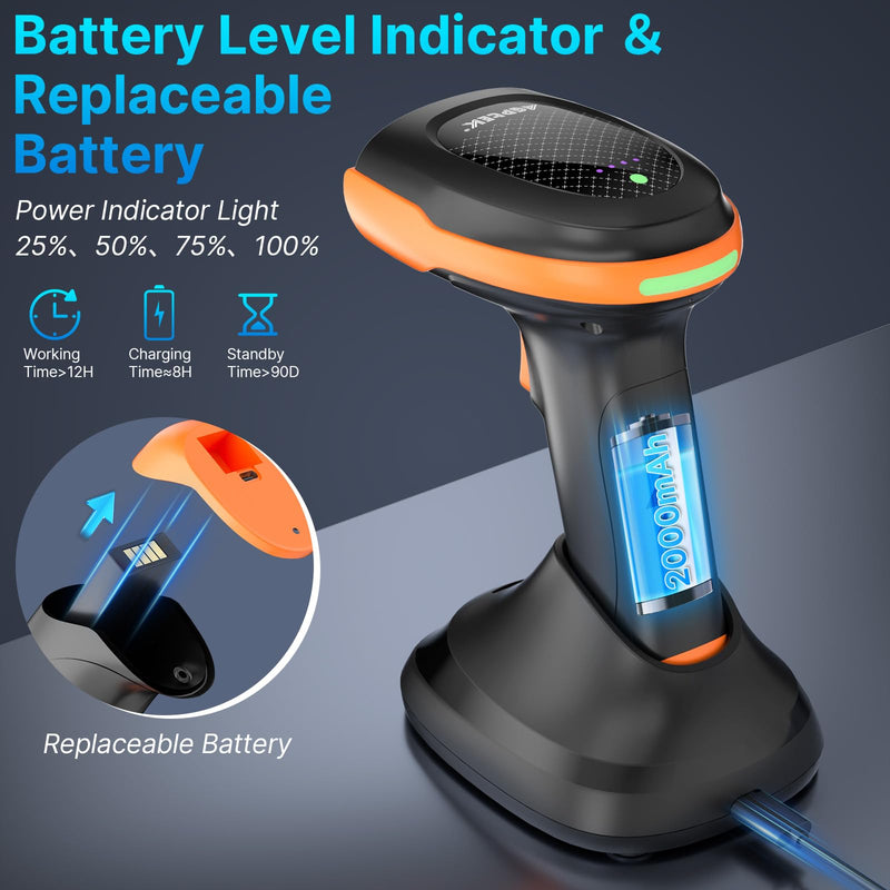 AGPTEK Bluetooth & 2.4GHz Wireless Barcode Scanner with Battery Indicator, Replaceable Battery, 2D/1D QR Code Reader, Wireless Charging Cradle, Ideal for Retail & Warehouse Use