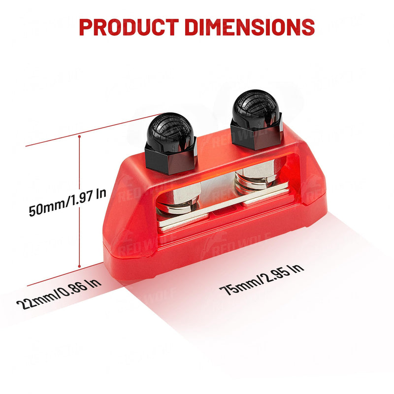 RED WOLF 2PCS 5/16" M8 Dual Stud Bus Bar 12-48V Power Distribution Block Holder 250A DC MAX, Battery Terminal Junction Dual Power Stud Busbar for Car Marine Boat Red & Black w/Screws
