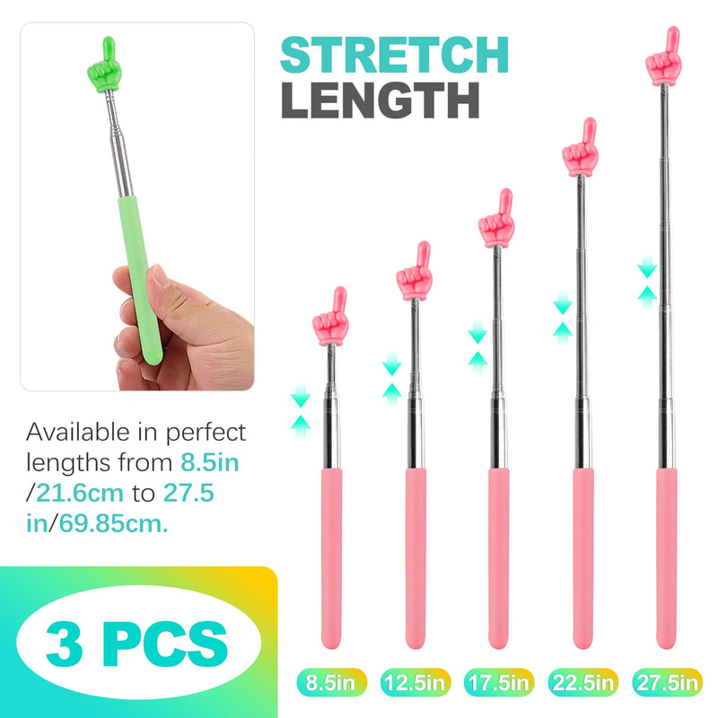 3 Pcs Extendable Pointer Stick, Retractable Telescopic Hand Pointers for Teachers, Classroom Use, Social Distancing, Kids Reading Guide - 3 Colors