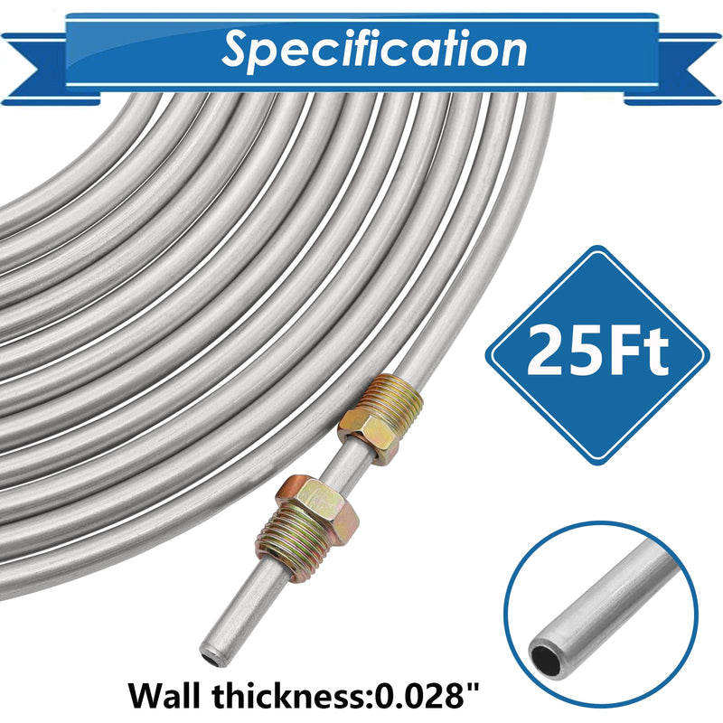 3/16inch x 25 ft Brake Line Tubing Kit Flexible Zinc Coated Alloy Brake Line Tubing Coil with 16 Inverted Flare Fittings SAE Standard 3/16 Silver Brake Line