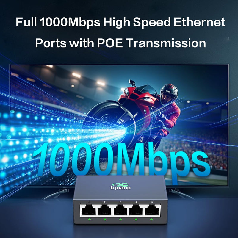 InHand ES220 Unmanaged Switch with One-Click VLAN | 5-Port Gigabit Ethernet Hub with 52W Power Output | Fanless Metal Case for Security Cameras, VoIP Phones & WiFi AP (5-Port Gigabit PoE Switch) 5-Port Gigabit PoE Switch