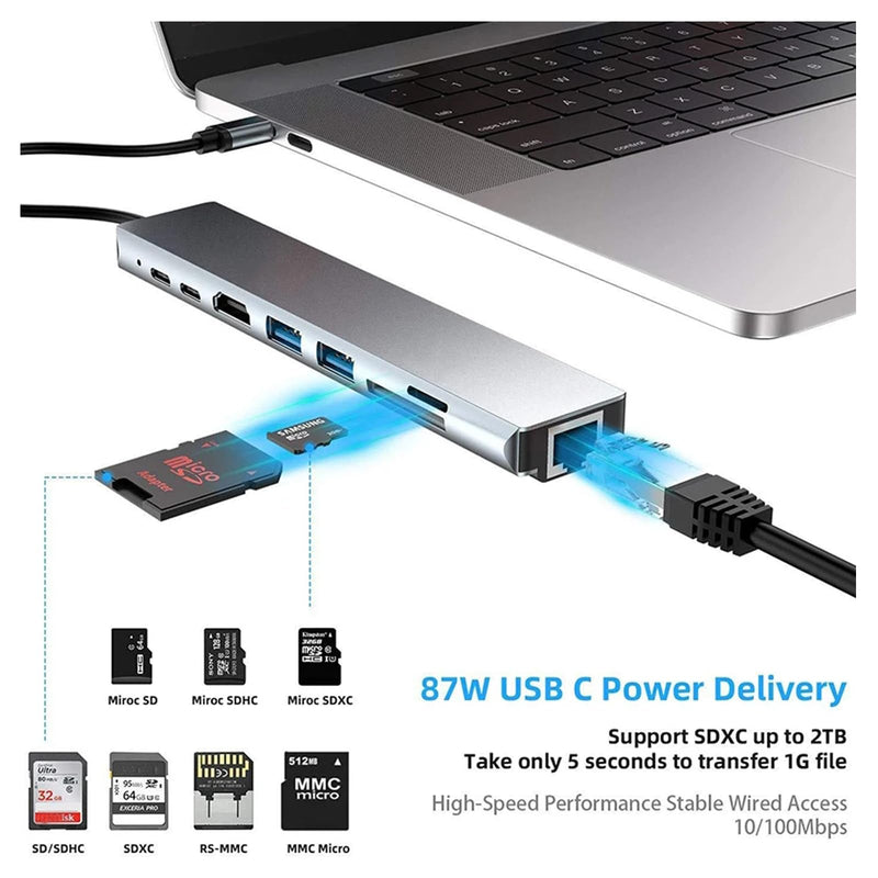 USB C Laptop Docking Station 8 in 1 USB C Hub Adapter with 4K HDMI,Ethernet,2 USB,Type-C,SD TF Card Reader,PD 100W Compatible with iPhone16/MacBook/Dell and Other Type C Laptops Device