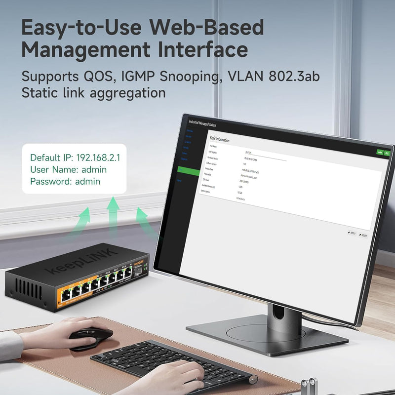 8 Ports 2.5G Switch Smart Web Managed, 8 x 2.5G Base-T & 1 x 10G SFP Slot, Support 802.3ad Static Aggregation, QOS/VLAN/IGMP, Metal Housing Network Ethernet Switch 8 Port 2.5G Switch Managed