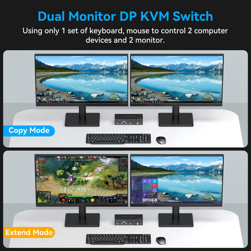 Displayport KVM Switch 2 Monitors 2 Computers 8K 60Hz 4K 120Hz Dual Monitor USB 3.0 KVM Switches for 4 USB Devices, Wired Extension Button,12V DC Adapter and USB3.0 Cables 8K DP Black