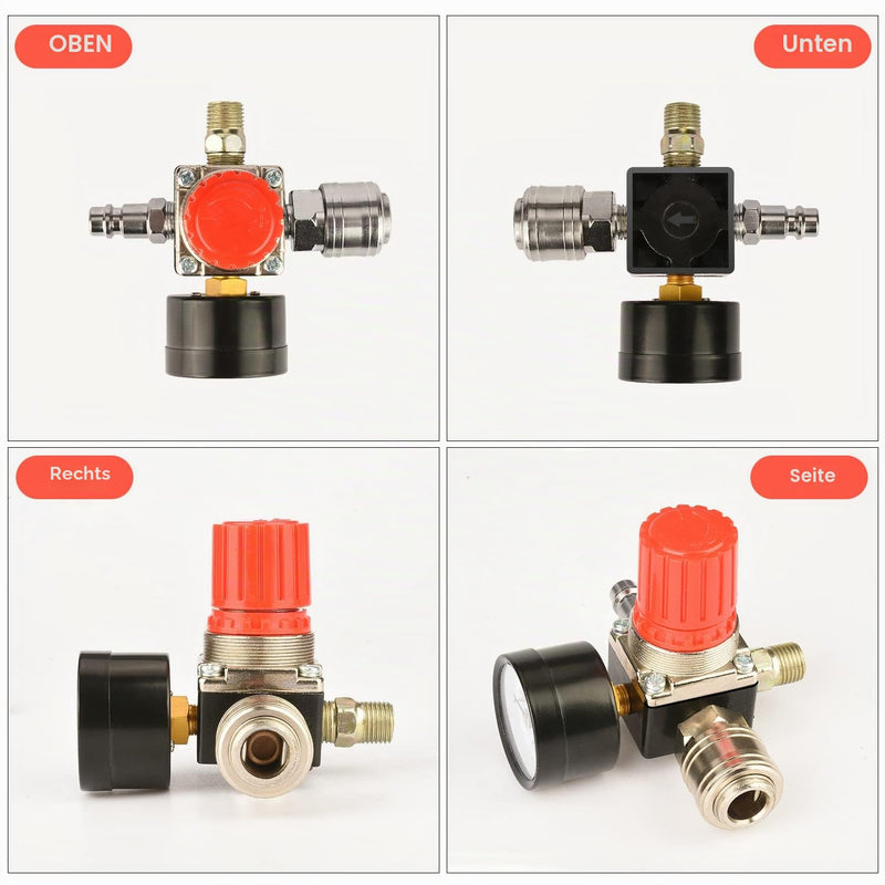 1/4 Inch Compressed Air Pressure Regulator, EU Standard, 4 Holes, with Pressure Gauge and Teflon Tape
