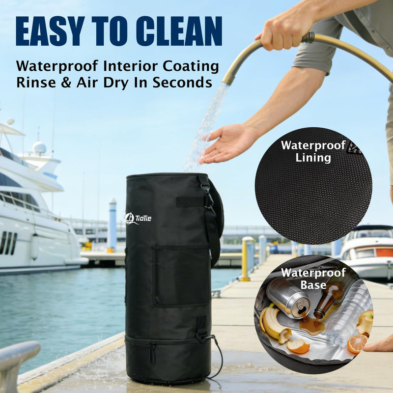 Boat Trash Can with 5.5in PVC Cross Opening, Large 26" Marine Garbage Bag for Pontoon, Fishing & Kayak Boats, 1680D Waterproof/Windproof Boat Trash Bag with Storage Pockets (Black) Black