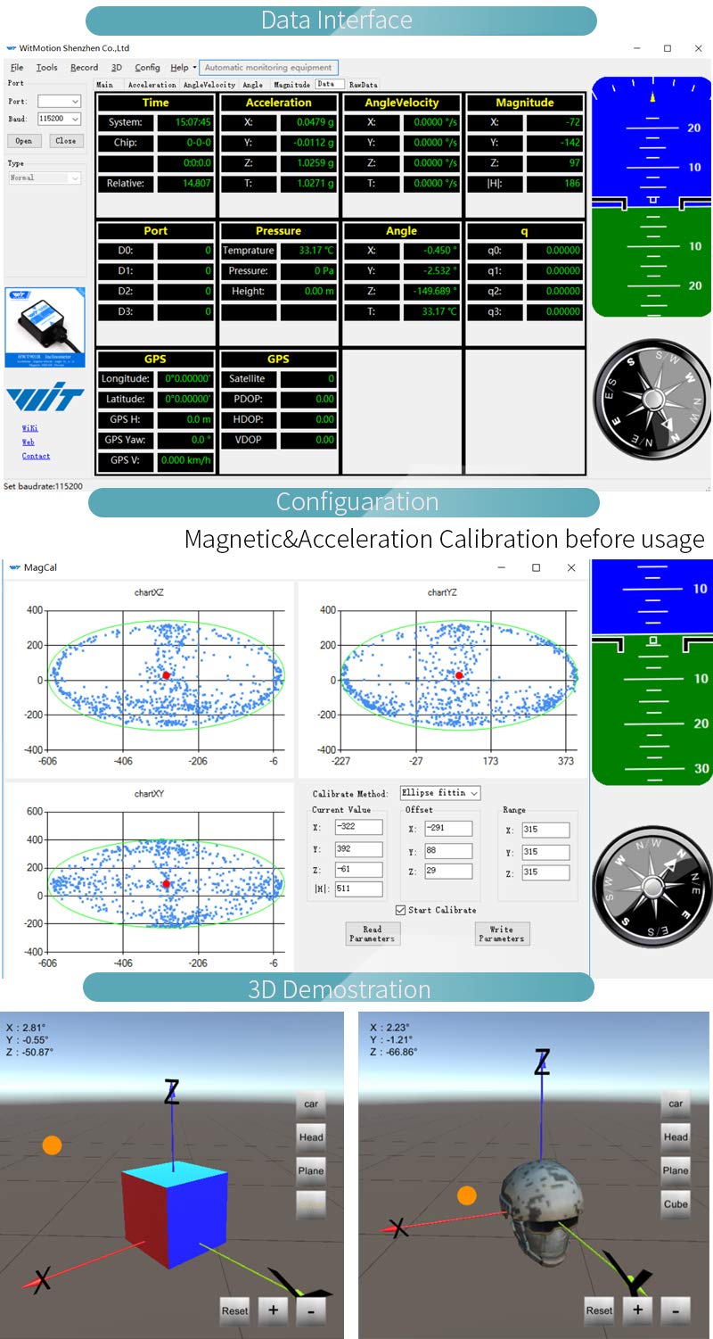 [Bluetooth Accelerometer+Inclinometer] BWT901CL MPU9250 High-precision 9-axis gyroscope+angle (XY 0.05° accuracy)+magnetometer with Kalman filter, 200Hz Highly stable 3-axis IMU sensor