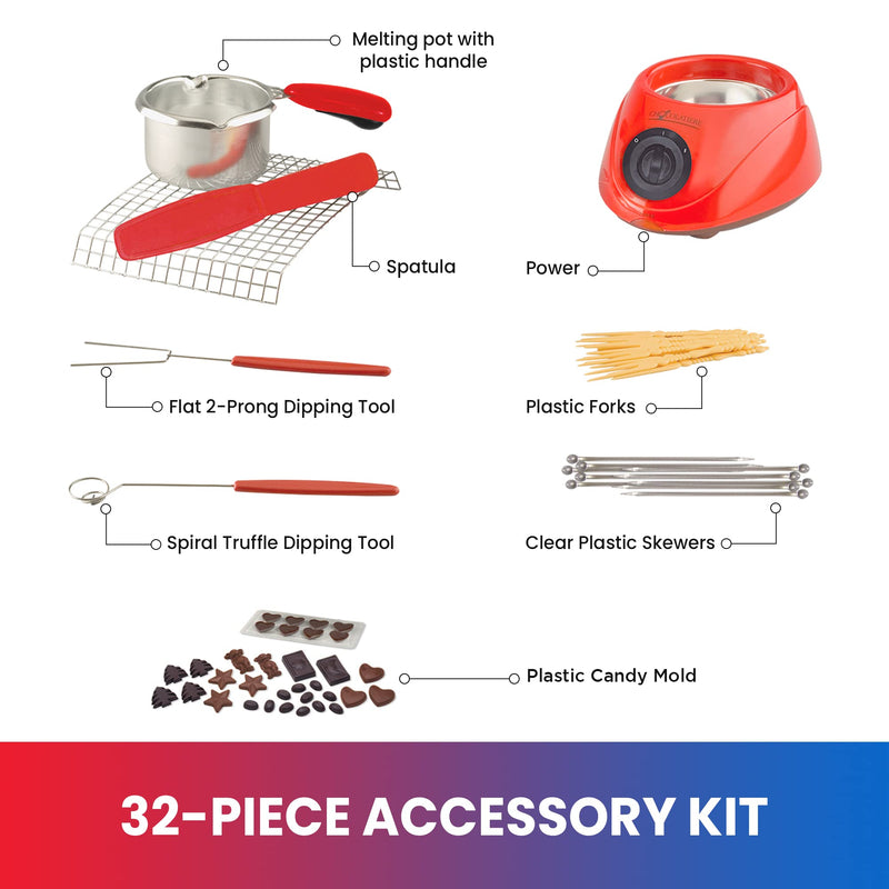 Total Chef Single Pot Chocolate Melter - Electric Candy Melting Hot Fondue Pot With 32+ Accessories, Serving 1 cup Dark or White Melted Chocolate For Dipping Party Desserts, 8.8 Oz (250 g) Capacity