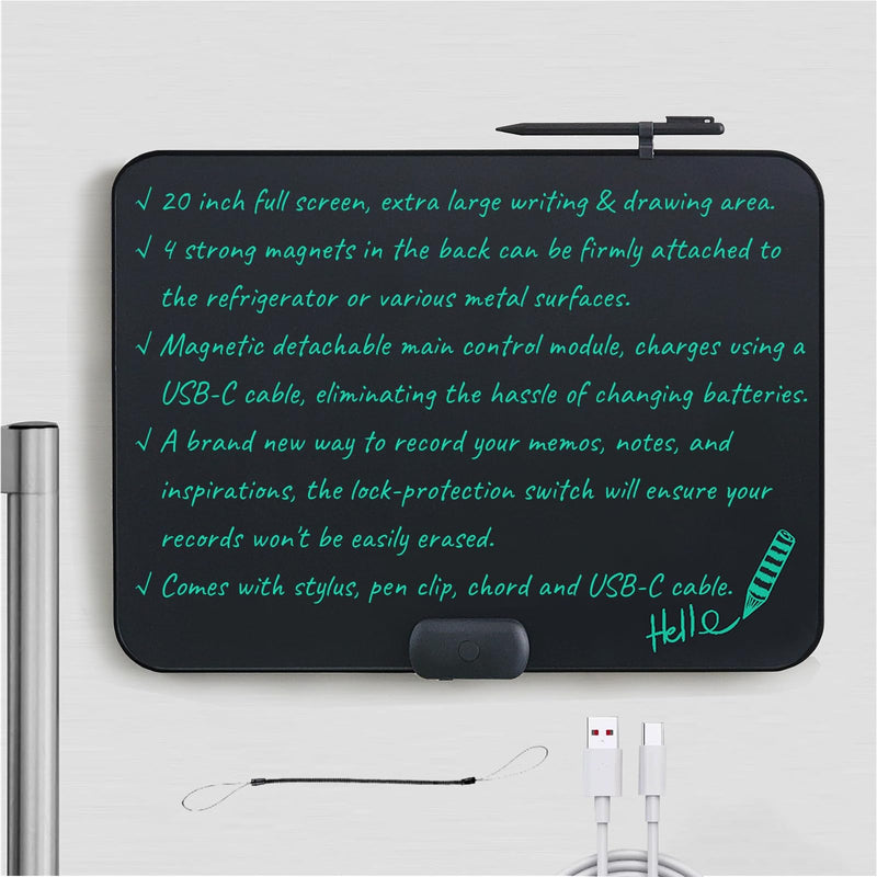 ROYALITA 20-Inch LCD Writing Tablet, Writing Board Note Board for Fridge, Dry-Erase & Sticky Note Alternative for Home & Office, Large Reusable Writing Pad with Built-in Magnets & Instant Erase Black