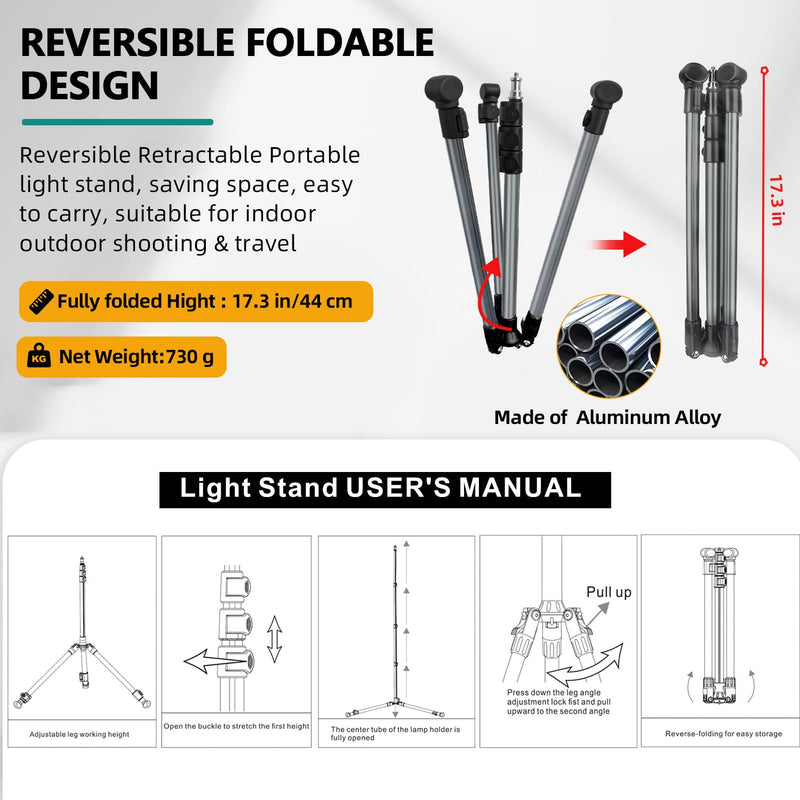 Extendable Photography Light Stand, Adjustable 6.6ft/2m Aluminum Light Tripod Stand for Travel, Reversible Portable Studio Lighting Tripod for Ring Light Camera Flash Light Strobe Light Webcam Softbox