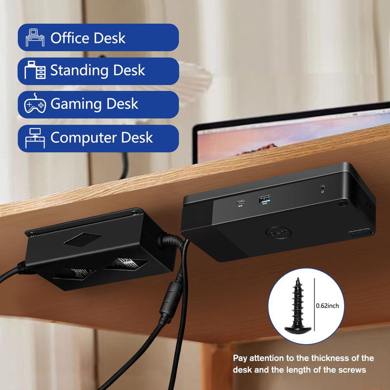 Under Desk Mount for Dell WD19 / WD19S / WD19TBS / WD19TB / WD22TB4 Dock + Power Bricks (for 180W and 130W), Docking Station & Power Bricks Holder