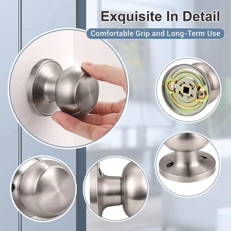 KNOBWELL 4 Pack Non-Turning Dummy Door Knobs Interior - Satin Nickel, Keyless Closet Door Knobs for French Doors，Single Side