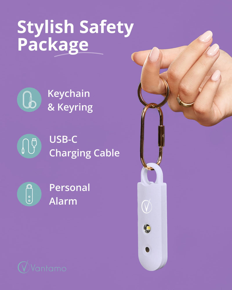 Vantamo Personal Alarm for Women - Extra Loud Double Speakers, First with Low Battery Notice with Strobe Light, Rechargeable - Safety Alarm Keychain Cream Lilac