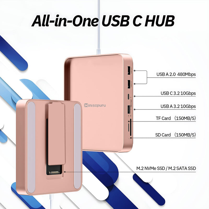 USB C Hub for iMac 24 inch 2021/2023/2024, Minisopuru iMac Hub Support M.2 NVMe SSD, iMac Accessories for iMac M1/M3/M4, iMac Adapter with USB A/C 10Gbps, SD/TF, M.2 SSD (Not Included), Pink.
