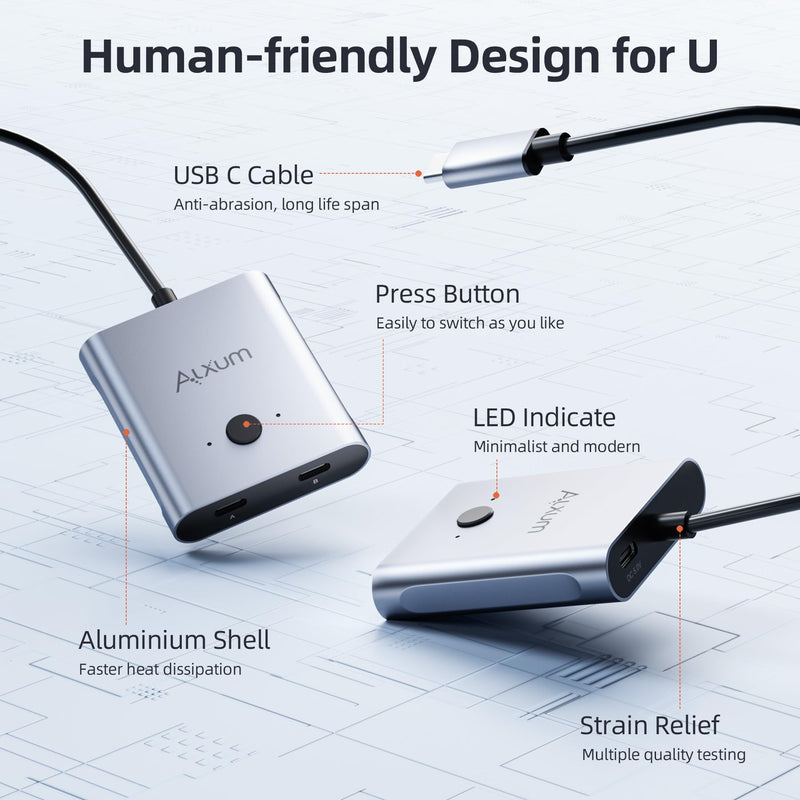 Alxum Bi-Directional USB C Switch - 2 in 1 Out/1 in 2 Out 2 Computers Share 1 Monitor,KVM Switches Support 8K@60Hz Video 10Gbps Data Transfer, USB-C Cables Included