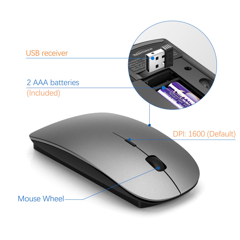 TopMate Wireless Keyboard and Mouse Ultra Slim Combo, 2.4G Silent Compact USB Mouse and Scissor Switch Keyboard Set with Cover, 2 AA and 2 AAA Batteries, for PC/Laptop/Windows/Mac - Gray Black