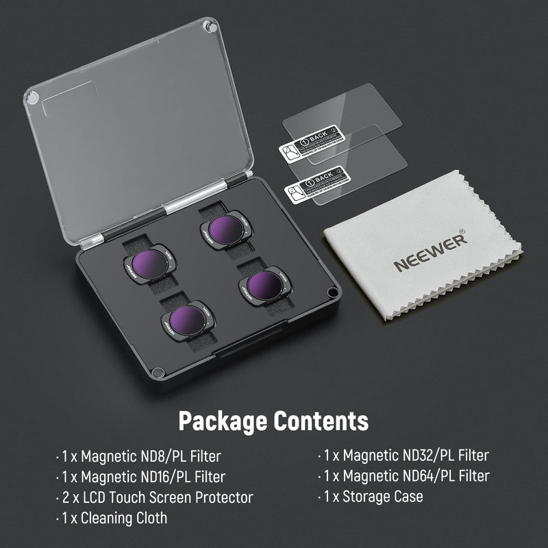 NEEWER Magnetic ND/PL Filter Set Compatible with DJI Osmo Pocket 3, 4 Pack ND8/PL ND16/PL ND32/PL ND64/PL Filters Kit with 2 LCD Touchscreen Protectors, Multi Coated HD Optical Glass/Aluminum Frame
