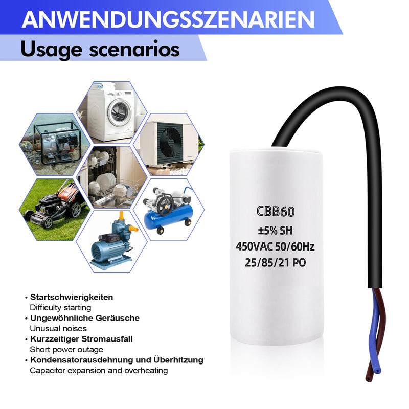 CBB60 450V 8uF 50/60HZ Starting Capacitor with Cable (Extended Version), 8µF AC Motor Operating Capacitor, AC Motor Capacitor, for Household Appliances such as Electric Motors and Air Conditioners etc 8.0 Mikrofarad