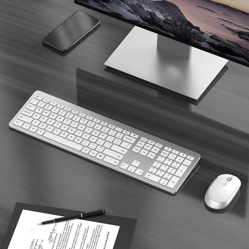 Wireless Keyboard and Mouse Combo - Full Size Slim Thin Wireless Keyboard Mouse with Numeric Keypad 2.4G Stable Connection Adjustable DPI (White & Silver) Silver and White