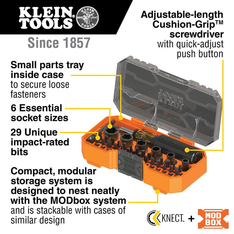 Klein Tools 33805 ProFlex 38-Piece SAE Impact-Rated Tool Set with Modular Case, S2 Steel, Magnetic, Adjustable Screwdriver, 29 Bits, 6 SAE Socket Sizes