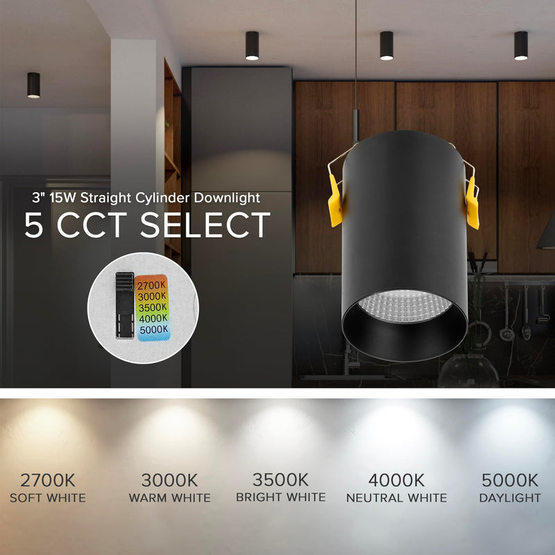 Maxxima 3 in. LED Cylinder Downlight, Recessed Ceiling Spot Light, 900 Lumens, 5 CCT Selectable 2700K/3000K/3500K/4000K/5000K, Dimmable, Black, 90 CRI, IC Rated, Canless, J-Box Included