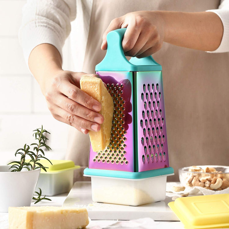 Marco Almond® KYA57 Professional Rainbow Color Box Grater,Stainless Steel Grater with 4 Sides,Slicer 5 Piece Set, Potato,Cheese,Cucumber,Salad Vegetables Graters Peelers, Turquoise Stainless Steel 5-Piece
