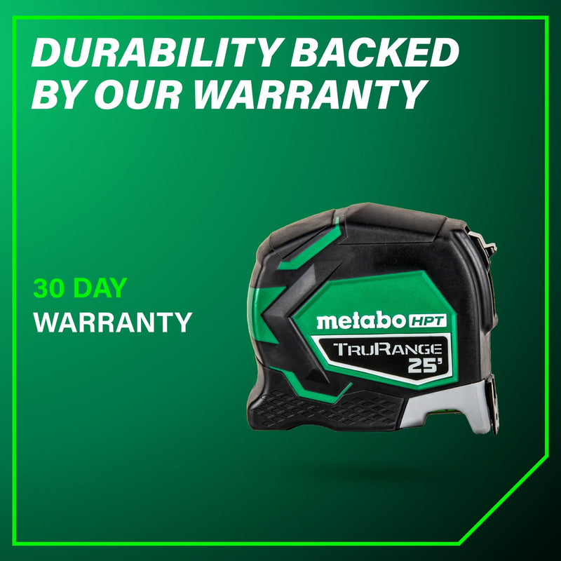 Metabo HPT 25 TruRange Measuring Tape, Green Blade, 115925M | Nylon Coated Steel, Lightweight Design, High Visibility, 17-ft Long Reach, 1/8-in Incremental Fractions 7.6 m