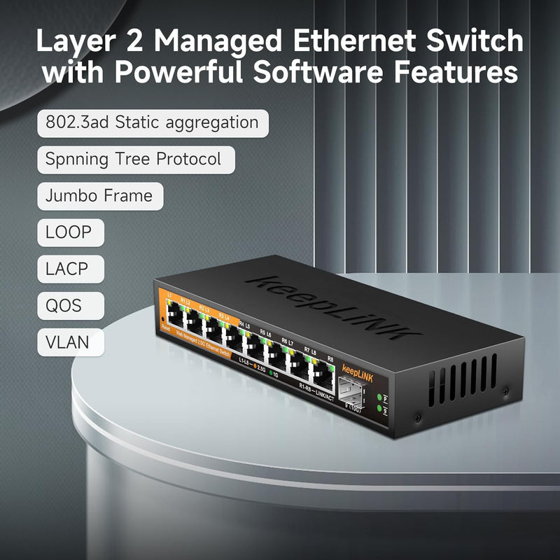 8 Ports 2.5G Switch Smart Web Managed, 8 x 2.5G Base-T & 1 x 10G SFP Slot, Support 802.3ad Static Aggregation, QOS/VLAN/IGMP, Metal Housing Network Ethernet Switch 8 Port 2.5G Switch Managed