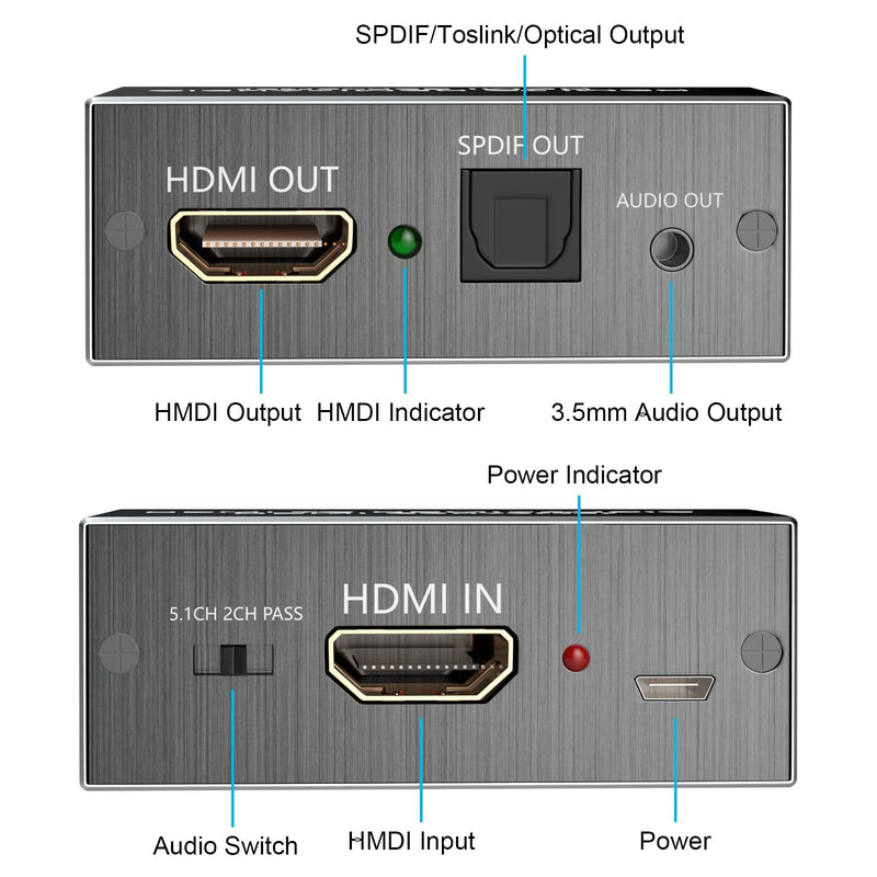HDMI Audio Extractor 4K HDMI to Optical 3.5mm Jack AUX Headphone Audio Adapter Splitter Converter Supports PCM DTS 5.1 HDCP Dolby Digital (Black-1)