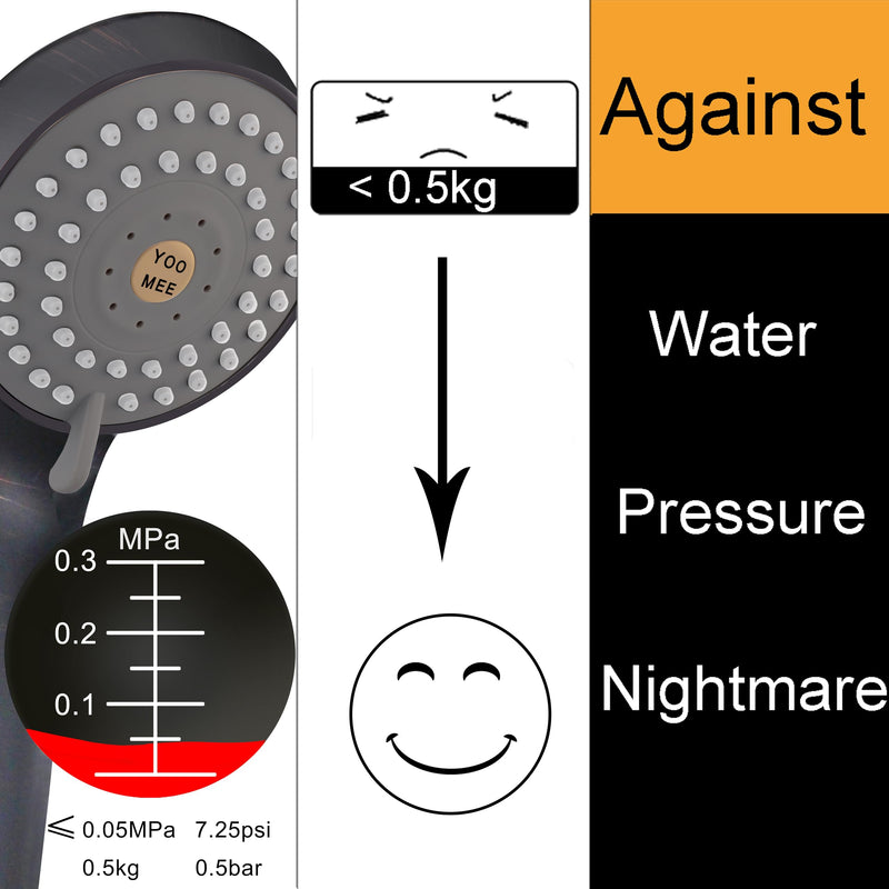 YOO.MEE High Pressure Handheld Shower Head with Powerful Shower Spray against Low Pressure Water Supply Pipeline, Multi-functions, with Luxury Shower Hose, Bracket, Dark Oil Rubbed Bronze