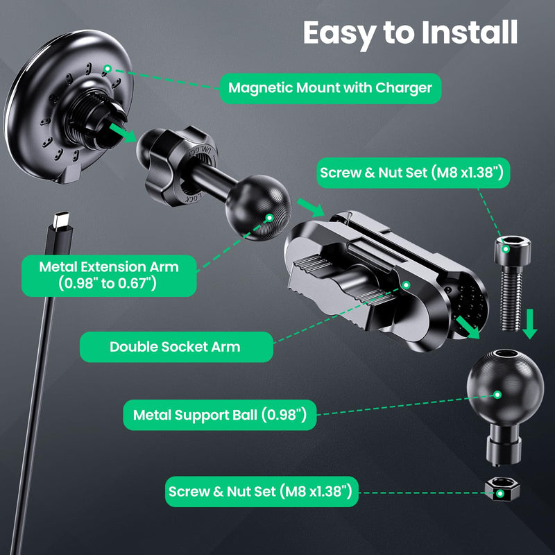 Kaishengyuan Dash Mount Wireless Charger Magnetic Holder with Metal Double Socket Arm & 360° Rotating Extension Mounting Arm & 0.98” Ballhead Compatible with All Smartphones