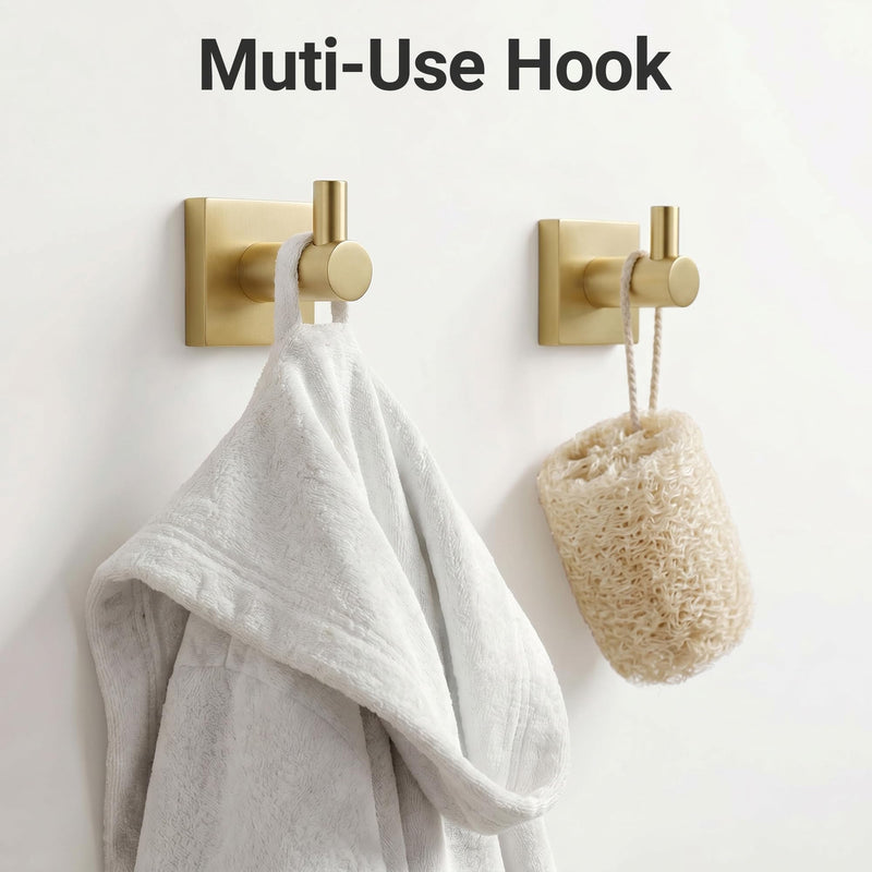 24-Inch Wall Mounted Towel Racks for Bathroom – Space Saver 4-Piece Durable Stainless Steel Bathroom Hardware Set with Towel Bar, Towel Ring, Toilet Paper Holder & Hook, Gold Golden Square