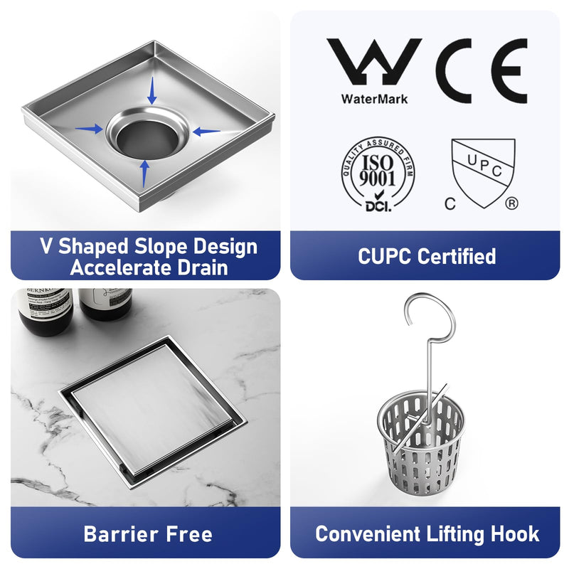 Square Shower Drain 6", Brushed Floor Drain with Tiled Insert Grate & Hair Strainer, 304 Stainless Steel Bathroom 2-in-1 Tiled in Drain, CUPC Certified (Brushed, 6'') 6''