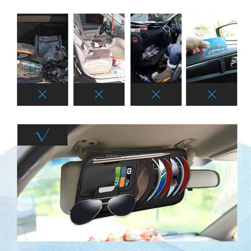 Car Visor CD Case Holder, Universal Sun Visor Organizer Pocket Storage Pouch with 8 DVD Storage Sleeves, 3 Card Holders, Sunglass Holder and Pen Holder(Black) Black