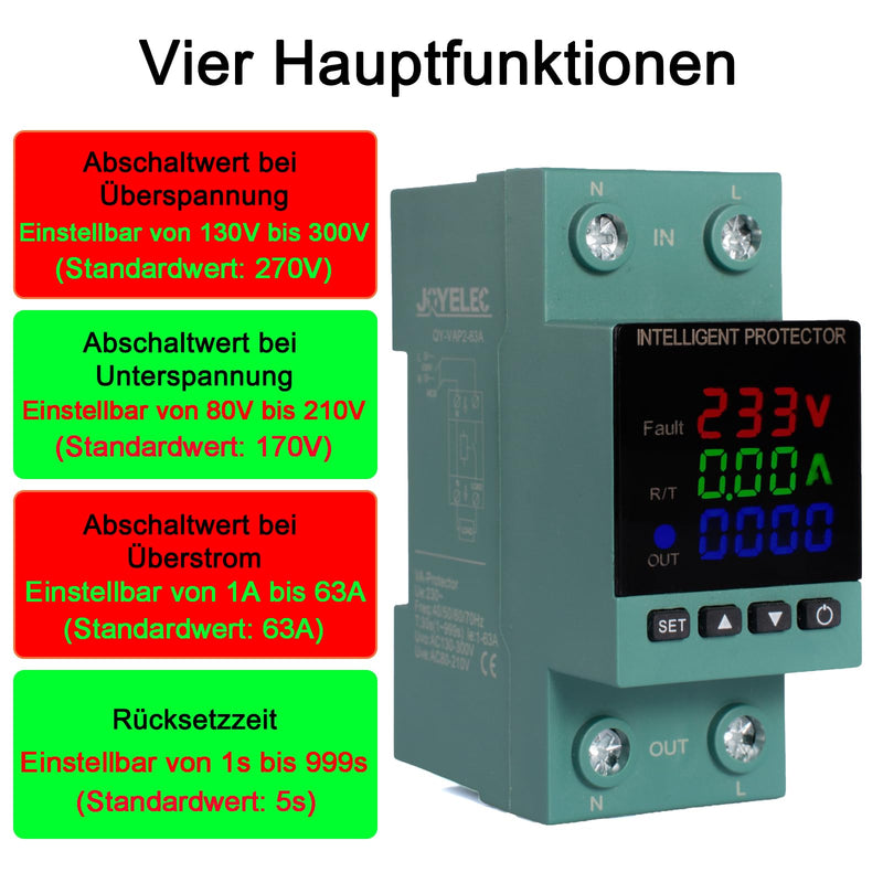 Home Surge Protection DIN Rail and Low Voltage Protection, AC 230V 63a Voltage Protection Device Automatic Recovery DIN Rail Protection