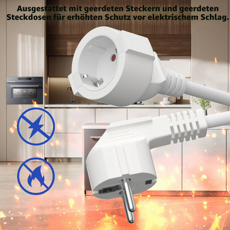 Extension Cable 0.5 m with Protective Contact Plug Schuko, IP20 Cable Extensions - 250 V, 16 A, 3680 W - Protective Contact 90° Angle Plug H05VV-F 3G1.5 mm², Increased Touch Protection - White