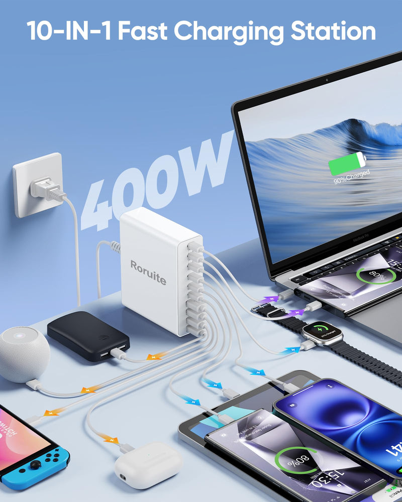 USB C Charger Block 400W, 10-Port GaN III USB C Charger Fast Charging Station, Dual 65W Laptop Fast Charger Multi USB C Charging Station for MacBook, iPhone, Samsung, Galaxy, iPad, Android, White