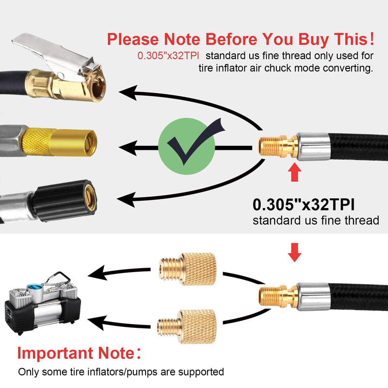 31" Upgraded Lengthened Tire Inflator Hose Adapter &Converting Nuts, Lock On Air Chuck with Hose and Tire Schrader Valve Fine Thread, for tire pump's Twist On Convert to Lock On Connection Braided Hose Set