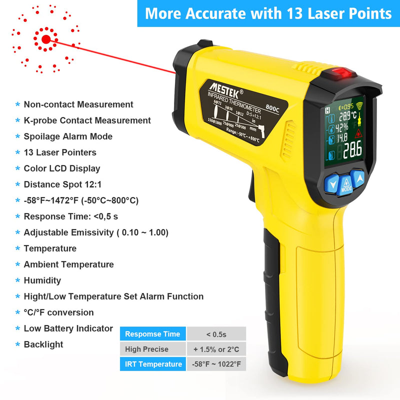 Infrared thermometer laser MESTEK temperature measuring device with K-probe IR pyrometer -50°C to 800°C non-contact color LCD alarm function adjustable emissivity for kitchen