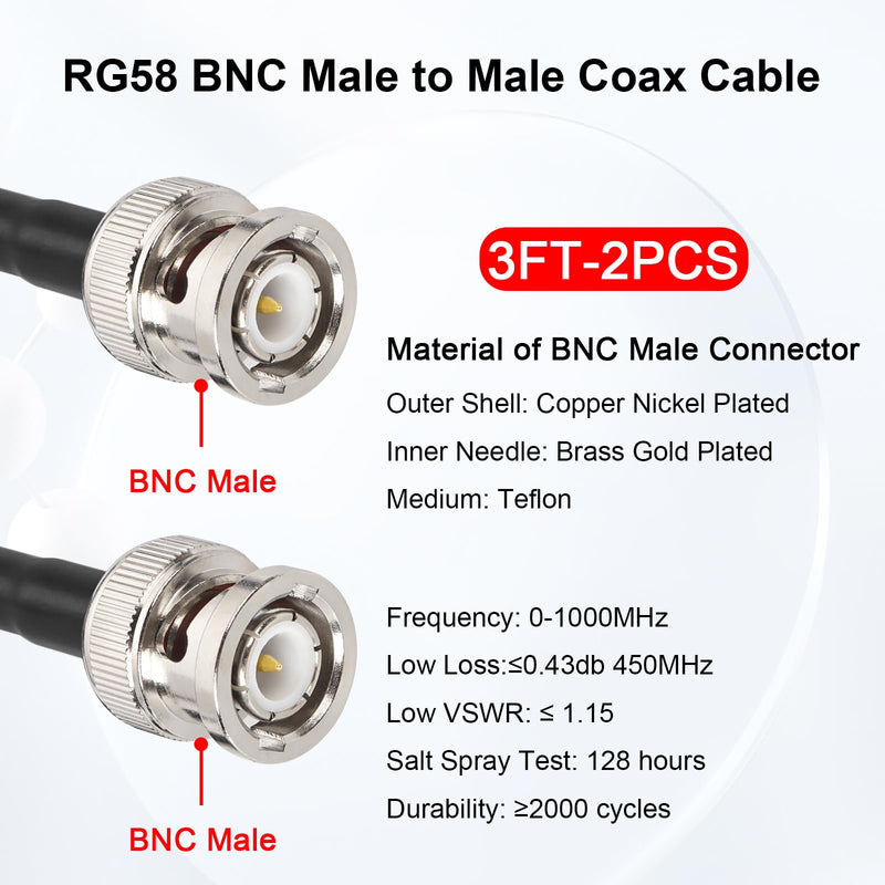 BNC Cable - 3FT 2PCS RG58 50 ohm BNC Male to Male Coax Cables low loss BNC Extension Coaxial Cable with BNC Adapter Connector for Antennas, RF Radios, Modems, Oscilloscopes, Spectrum, etc (Red) 2
