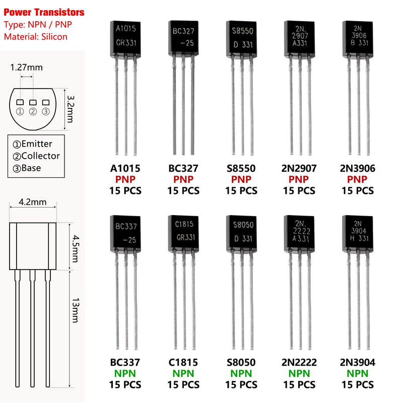 YIXISI 150 Pieces 10 Values A1015 BC327 BC337 C1815 S8050 S8550 2N2222 2N2907 2N3904 2N3906 NPN PNP Power Transistors Assortment Kit 10 Values - 150 Pieces