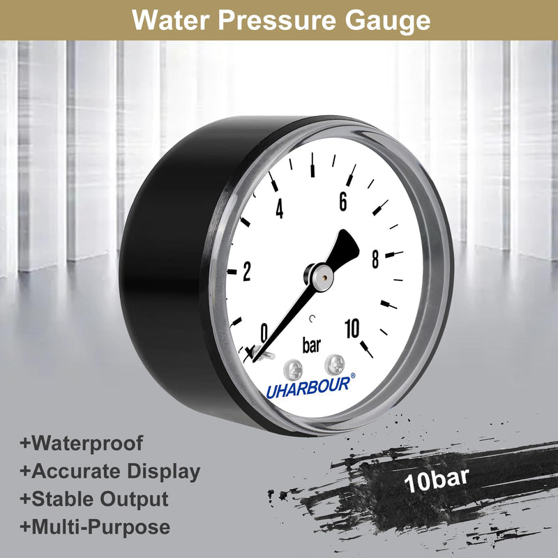 UHARBOUR pressure gauge water 0-10 bar, pressure gauge 1/4 inch, pressure gauge compressed air holder on the back, compressed air pressure gauge 1/4 BSP brass connection