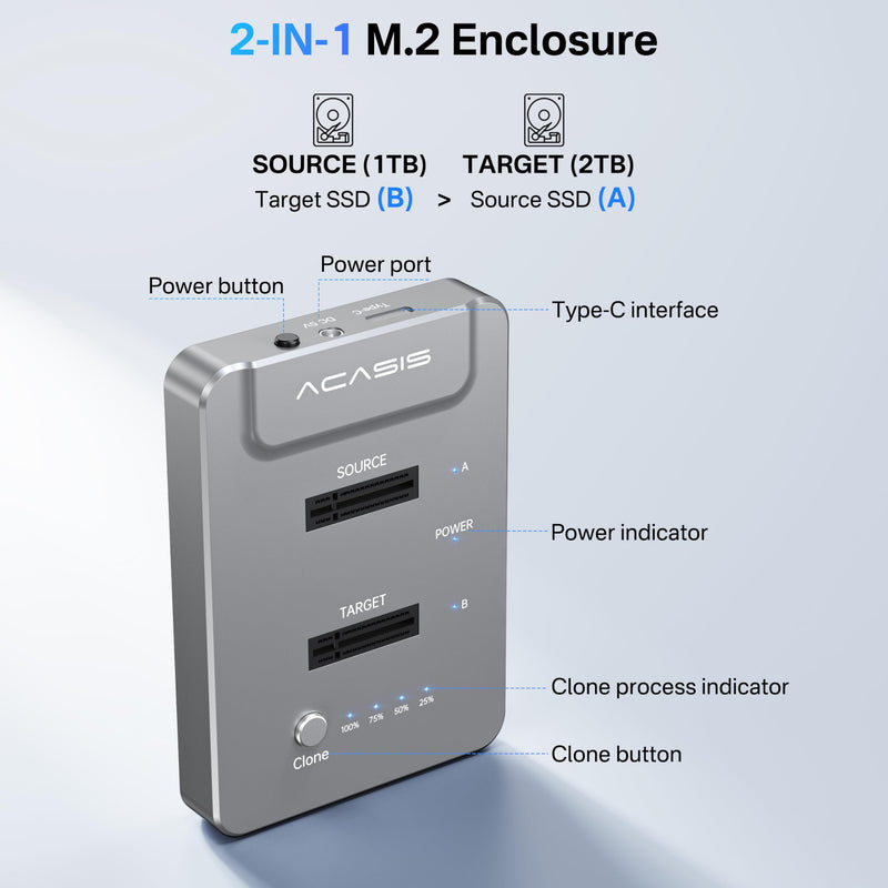 ACASIS NVMe M.2 Duplicator, M.2 ssd cloner Dual-Bay Offline Clone, USB C to NVME Docking Station for M2 SSD M Key Hard Drives Enclosure