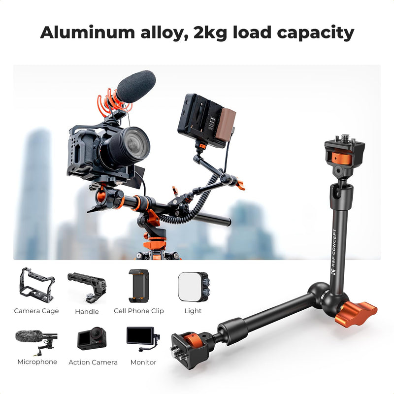 K&F Concept 11" Magic Arm Clamp Kit with 1/4" & 3/8" Thread Screw, Articulating Friction Arm Clamp Camera Mount for Monitor, LED Light, Webcam, Action Camera 11" with Clamp